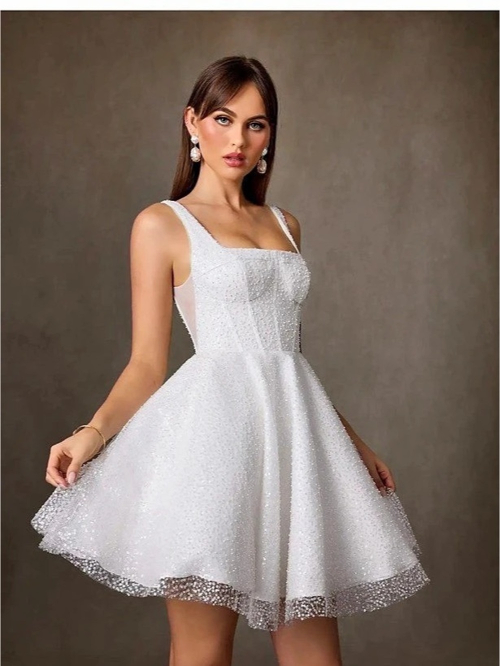 Azazie Sylvestrina White Square Neck Sequin Beaded Mini Dress